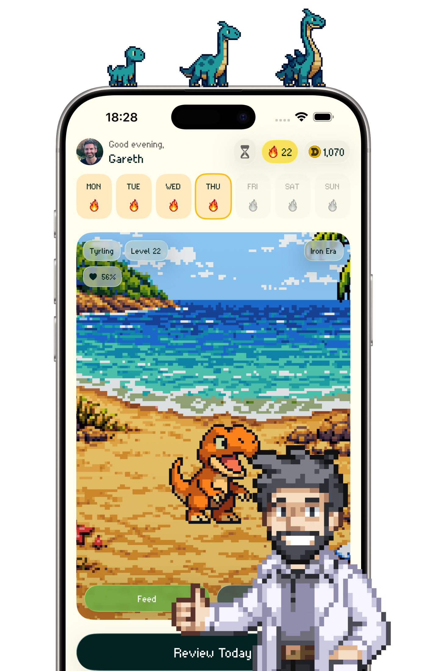 Drynosaur home screen: pixel-art dinosaur in a beach habitat with a 22-day streak and daily check-in