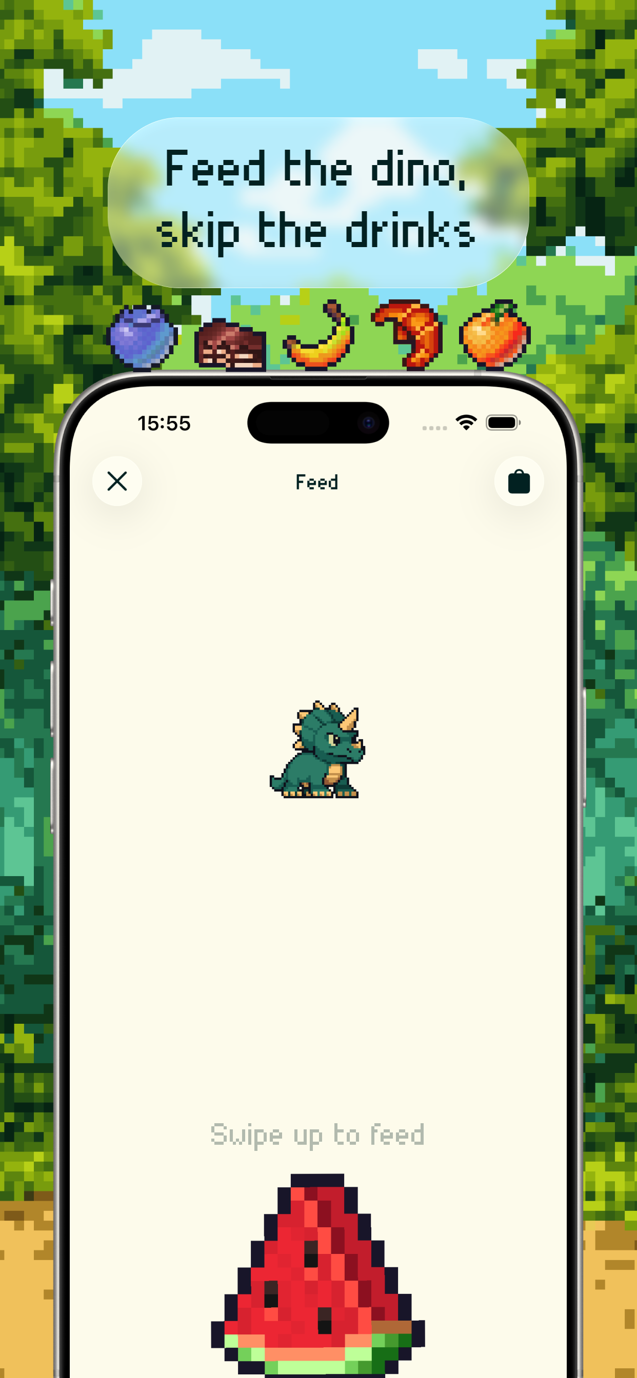 Feeding a pixel-art dinosaur in the Drynosaur drink less app
