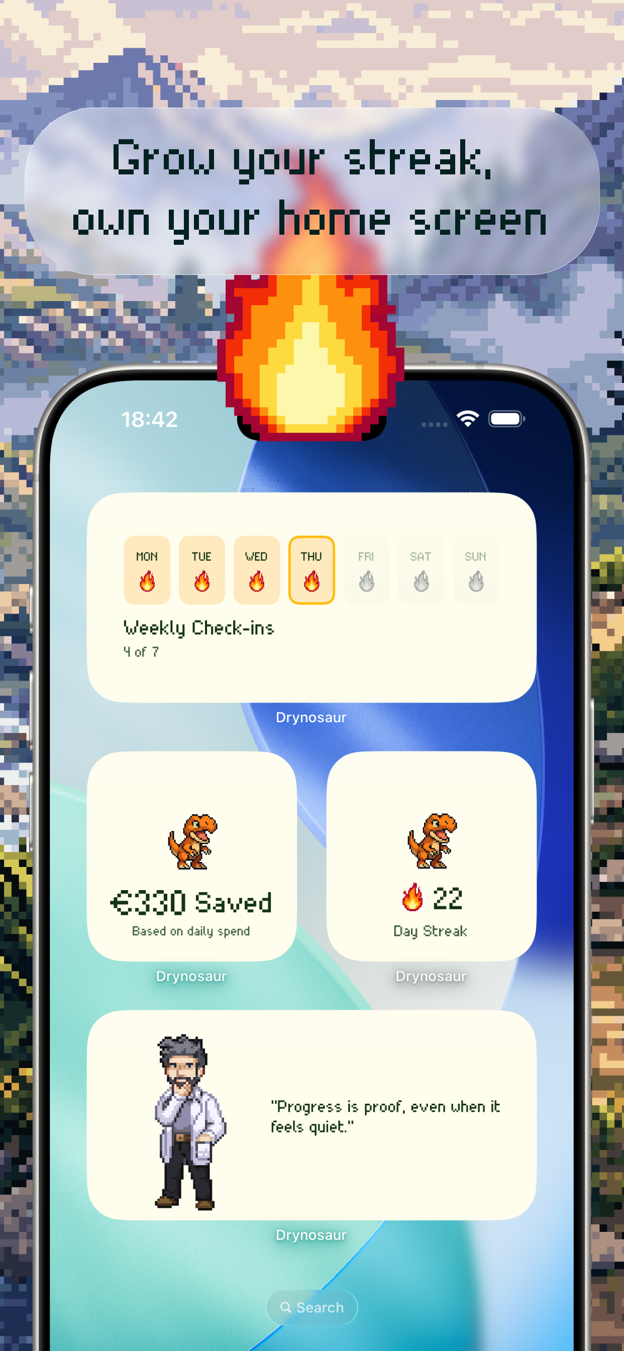 iPhone home screen widgets showing day streak, weekly check-ins and money saved by not drinking