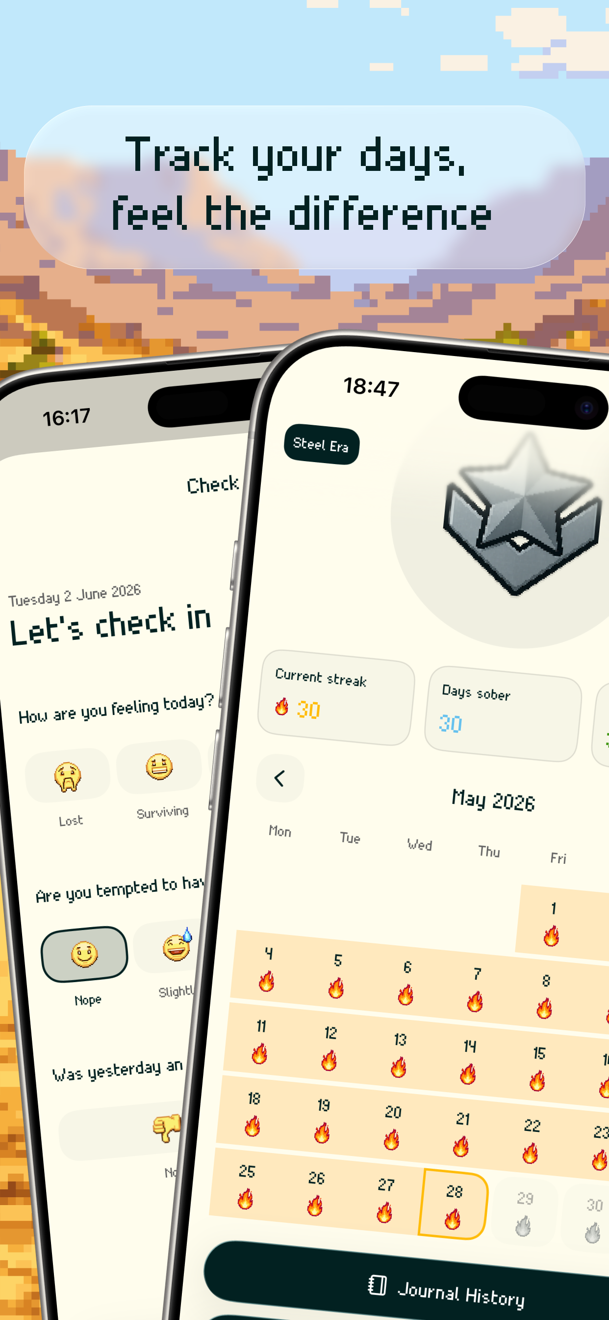 Daily alcohol-free check-in with mood tracking and a sobriety calendar showing a 30-day streak
