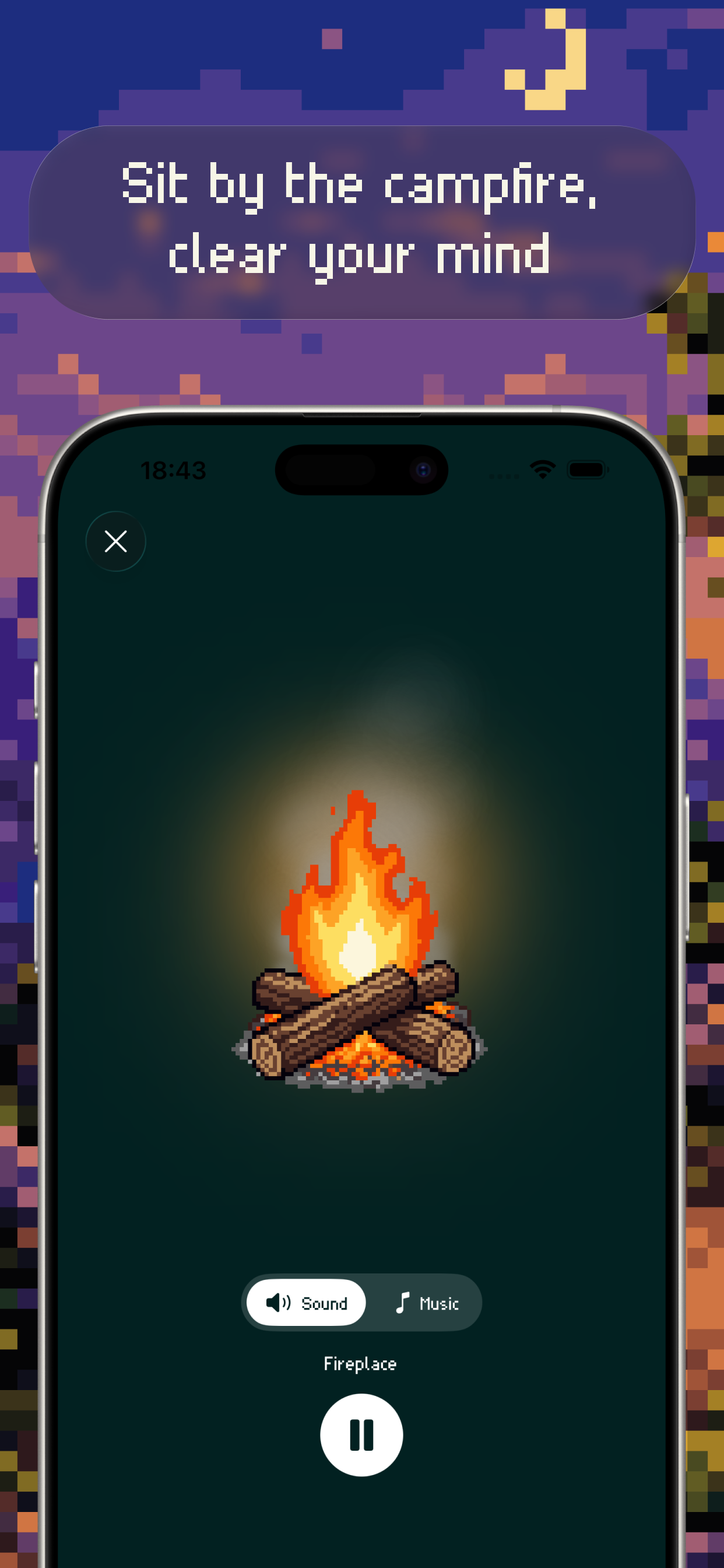 Animated pixel Campfire screen with crackling fire audio